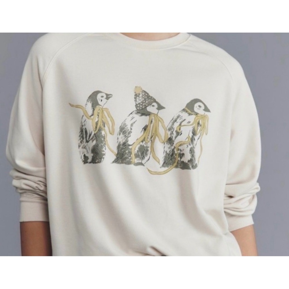 Maeve Anthropologie Penguin Graphic Sweatshirt Cream Ivory Raglan Pullover Small